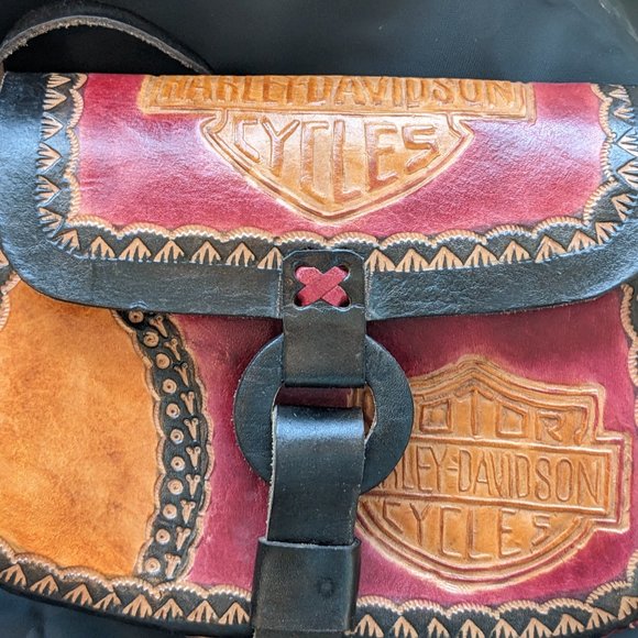 Vtg New Harley-Davidson Multicolor Tooled Adjustable Strap Leather Bag - Picture 12 of 12